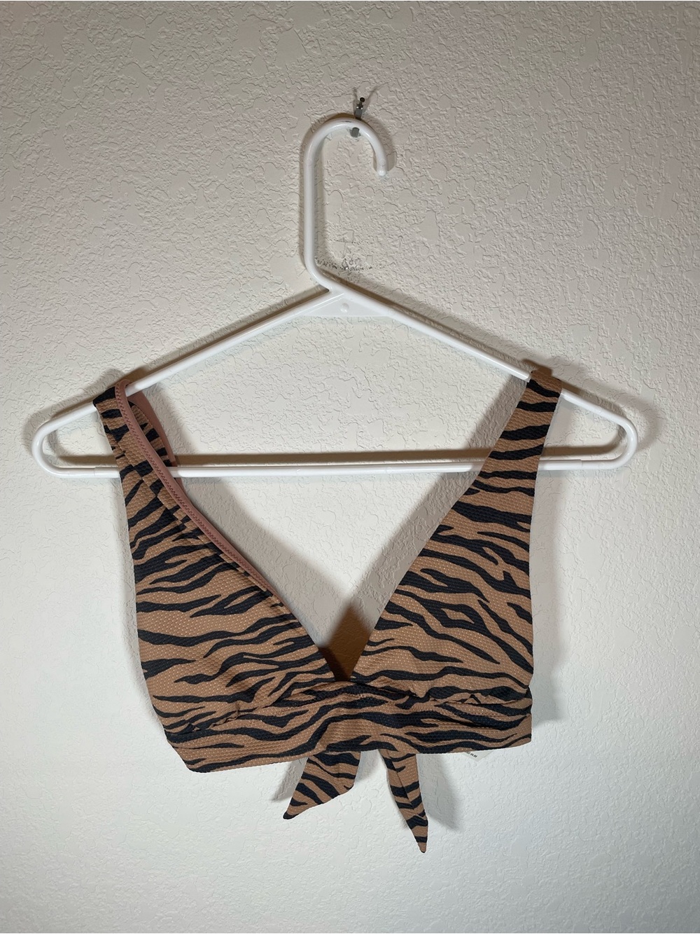 Aerie Pique Tiger Stripe Tie Front Longline Triangle Bikini Top Black / Brown - Picture 2 of 7